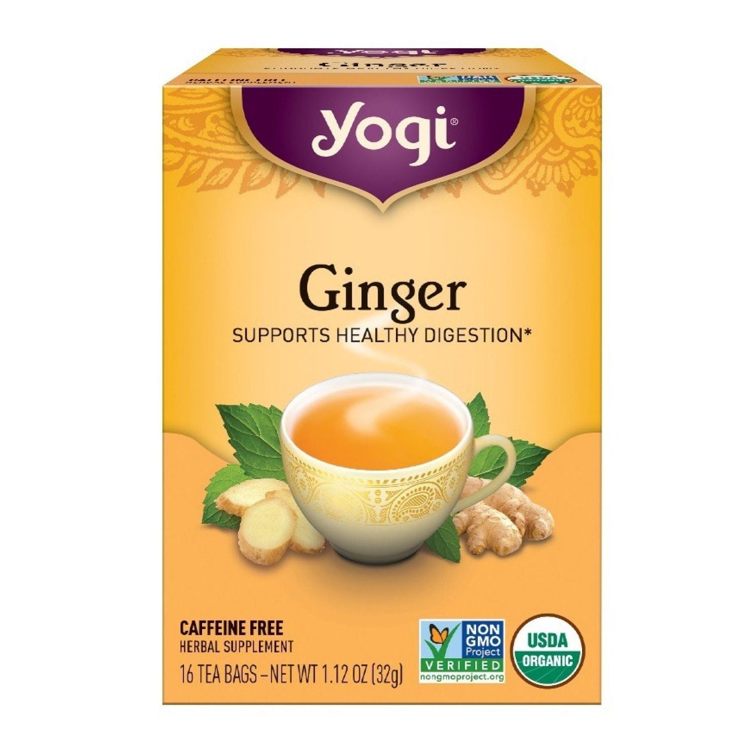 Yogi Organic Ginger Caffeine Free Herbal Supplement Tea, 16 Tea Bags -- 6 Per Case