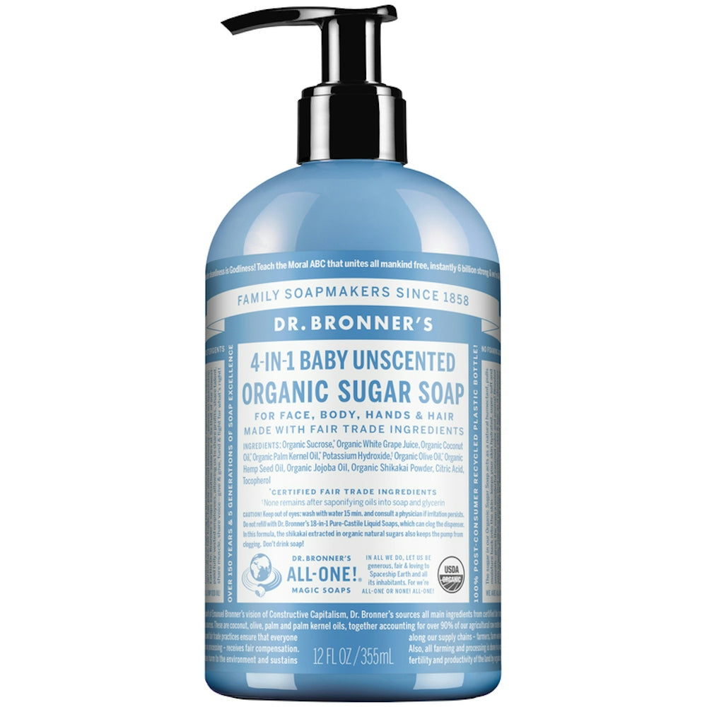 Dr. Bronner's Organic 4-in-1 Pump Soap Sugar 12 Fl Oz Baby Mild Unscented