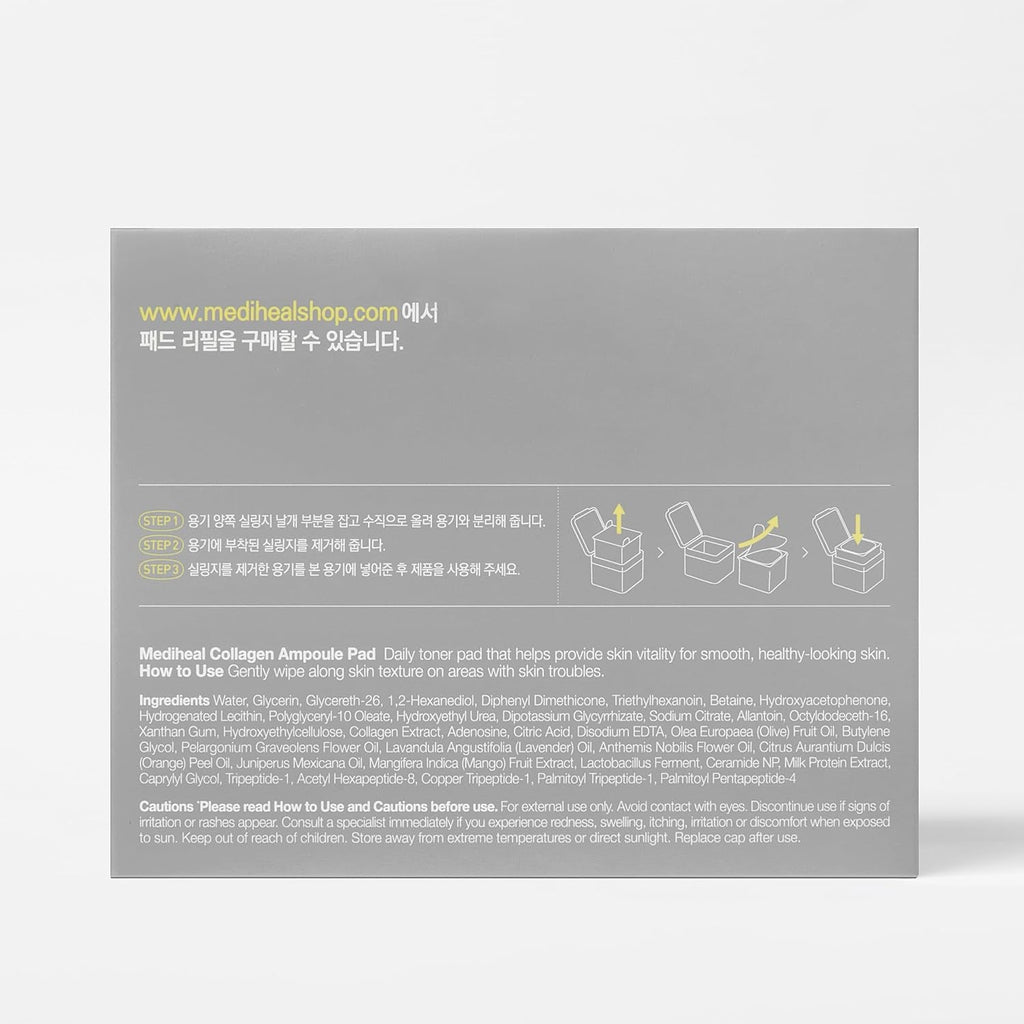 Mediheal Collagen Ampoule Facial Toner Pads - Collagen & Ceramide - Skin Firming & Restore Elasticity & Deep Hydration - Tighten Wrinkles & Lines - Vegan Eco Silk Fabric