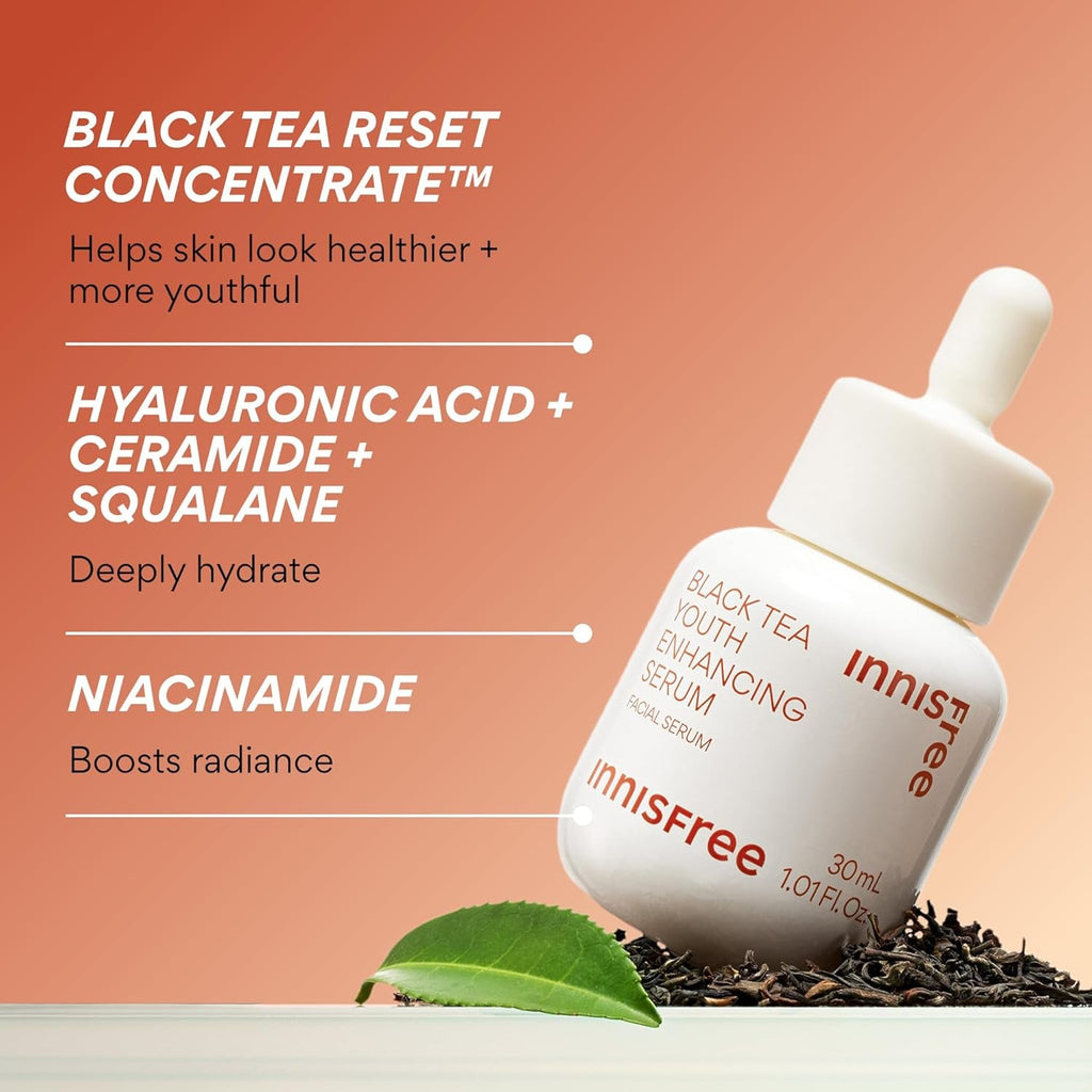 Innisfree Black Tea Youth Enhancing Serum, Korean Serum with Niacinamide for Firming and Glow