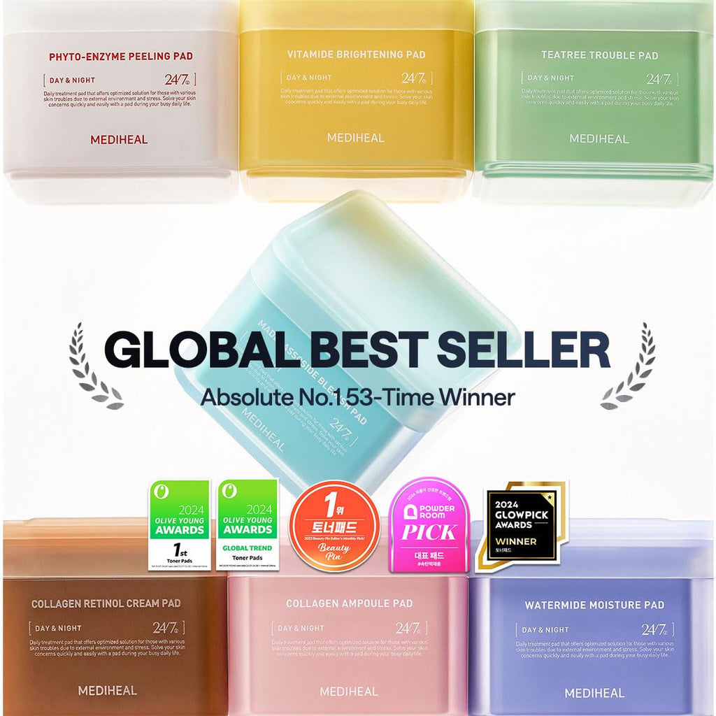 Mediheal Collagen Ampoule Facial Toner Pads - Collagen & Ceramide - Skin Firming & Restore Elasticity & Deep Hydration - Tighten Wrinkles & Lines - Vegan Eco Silk Fabric