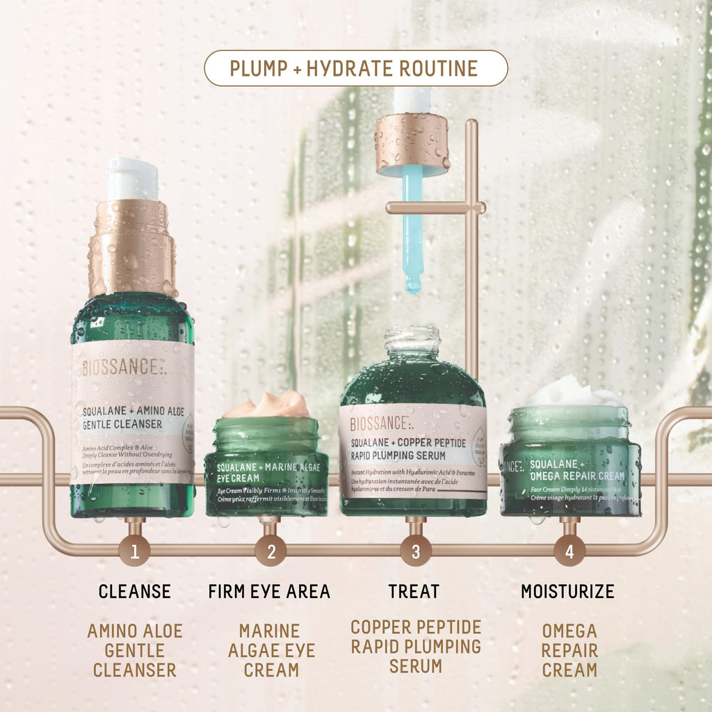 Biossance Plump and Hydrate Skincare Set - Amino Aloe Gentle Foaming Cleanser, Marine Algae Eye Cream, Copper Peptide Rapid Plumping Serum & Omega Moisturizer For Face Lock In Hydration For Your Skin