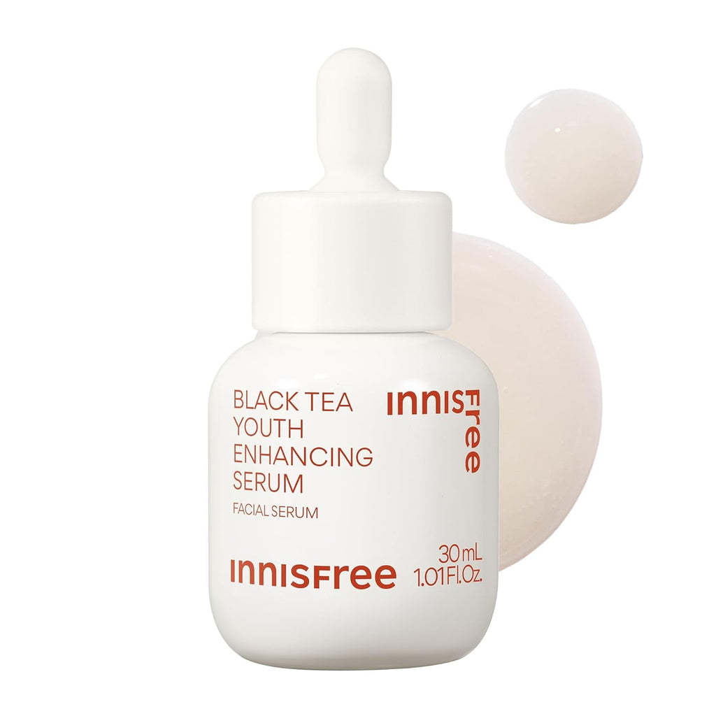 Innisfree Black Tea Youth Enhancing Serum bottle with applicator on a white background