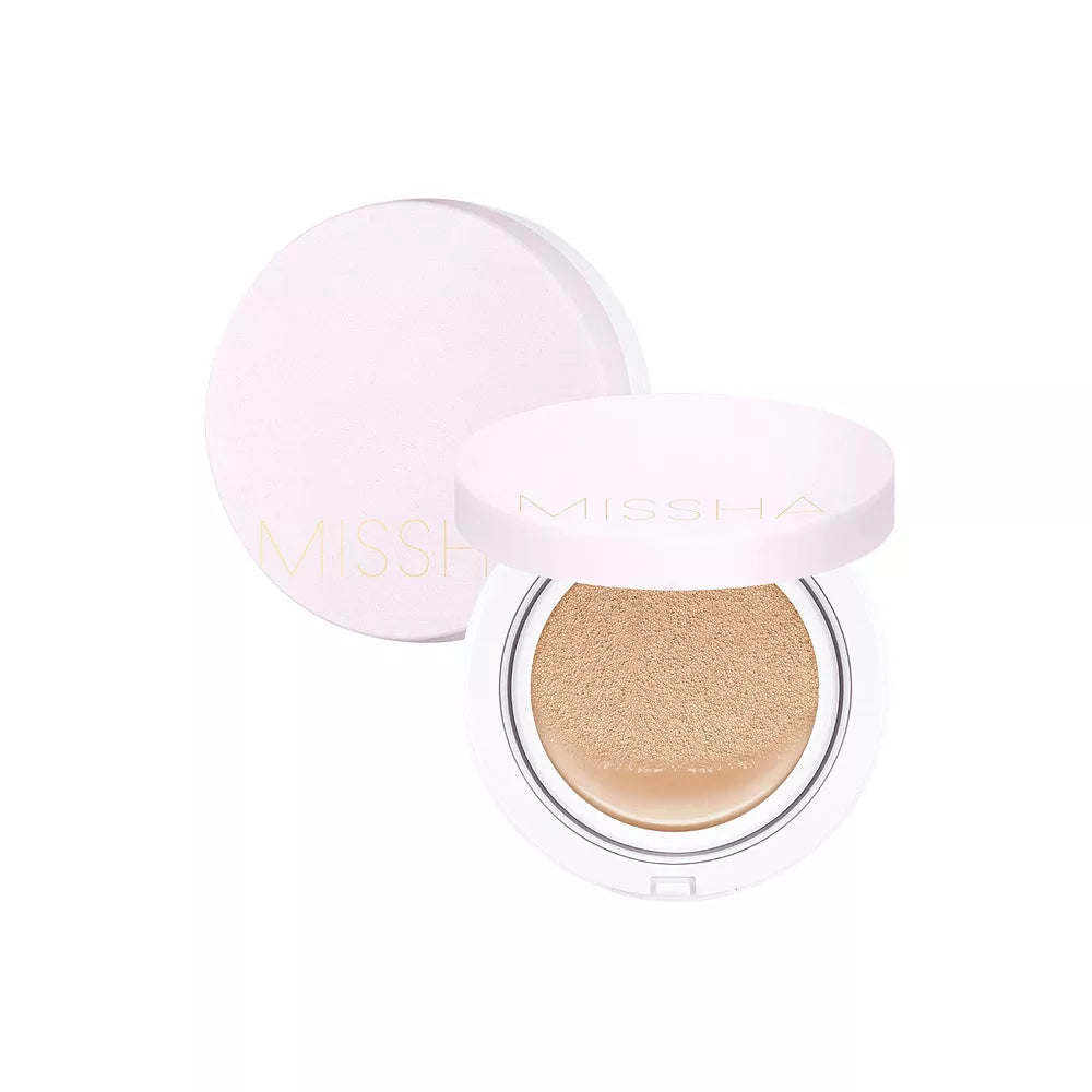 Makeup compact with beige powder on a white background