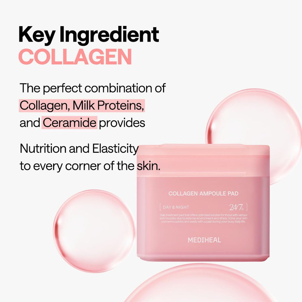 Mediheal Collagen Ampoule Facial Toner Pads - Collagen & Ceramide - Skin Firming & Restore Elasticity & Deep Hydration - Tighten Wrinkles & Lines - Vegan Eco Silk Fabric