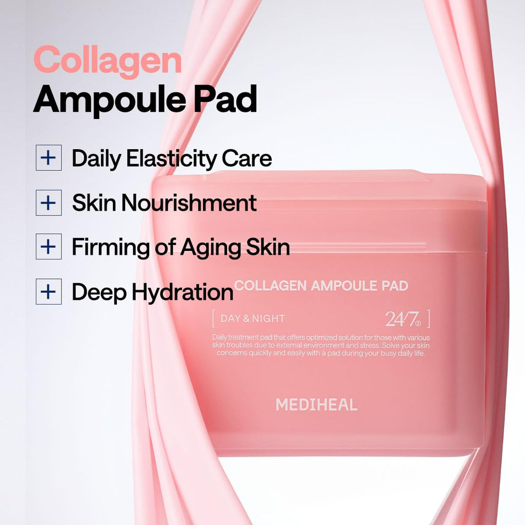 Mediheal Collagen Ampoule Facial Toner Pads - Collagen & Ceramide - Skin Firming & Restore Elasticity & Deep Hydration - Tighten Wrinkles & Lines - Vegan Eco Silk Fabric