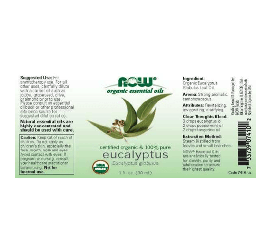 NOW Organic Essential Oils, 100% Eucalyptus Essential Oil, USDA Certified organic & pure